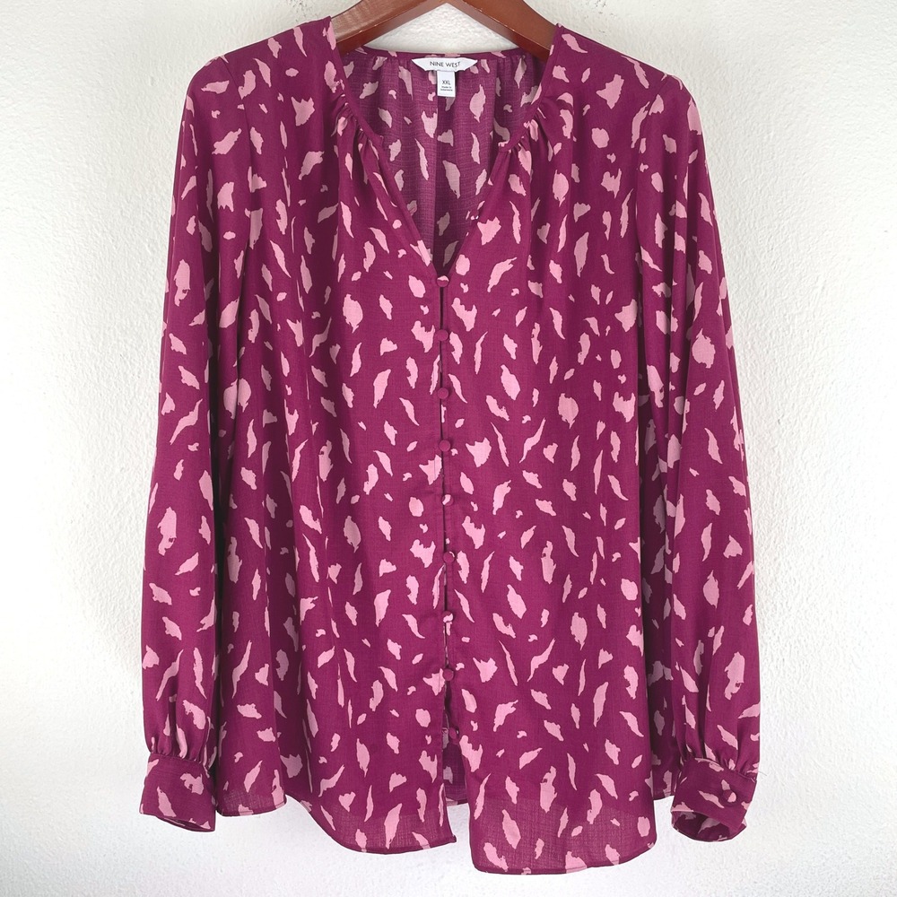 XXL Magenta Pink Abstract Print Long Sleeve Button Blouse Top Parisian Chic Luxe